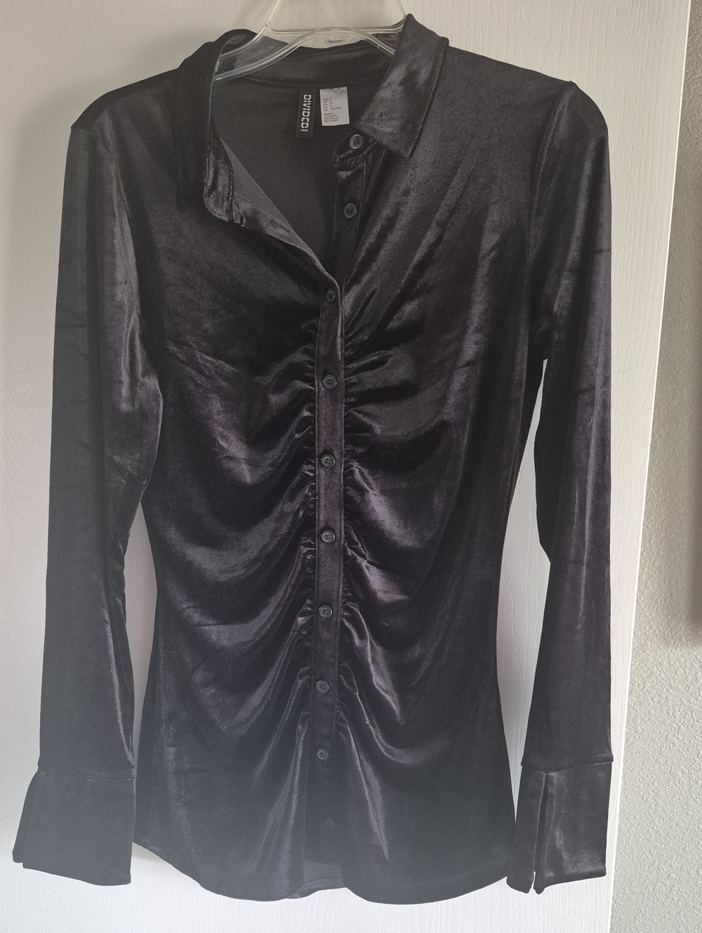 H&M Black Satin Ruched Button-Down Blouse